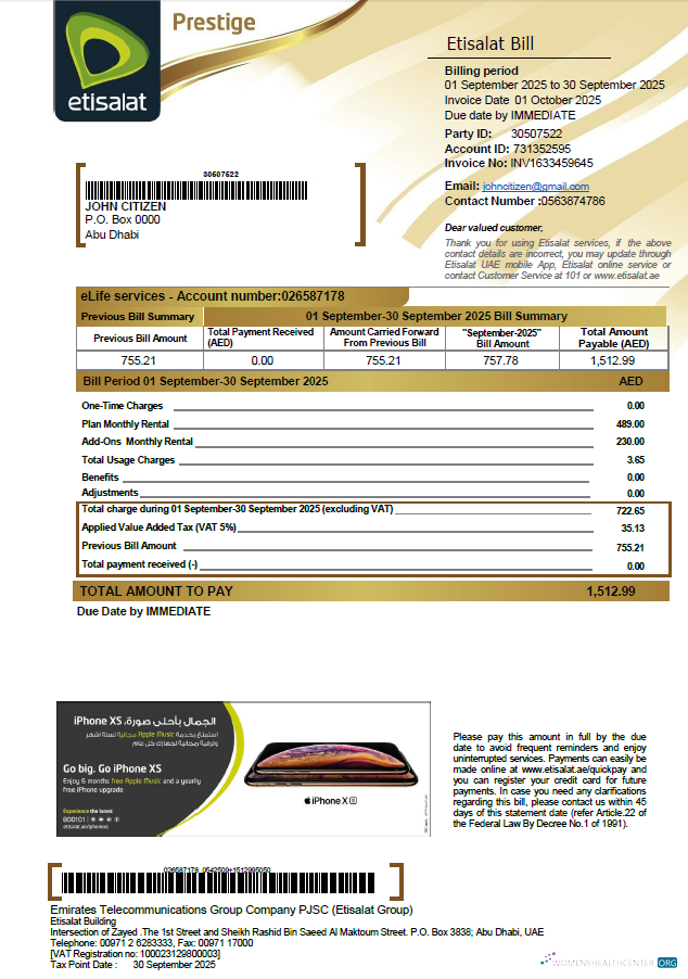 download download UAE Etisalat utility bill template in Word and PDF formats, version 2 PDF template PDF template